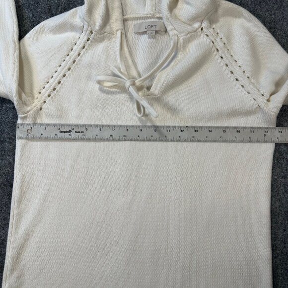 LOFT Waffle Knit Hoodie Sweater WMNS M Ivory Hooded V-Neck Pullover Cozy Warm - Picture 6 of 9
